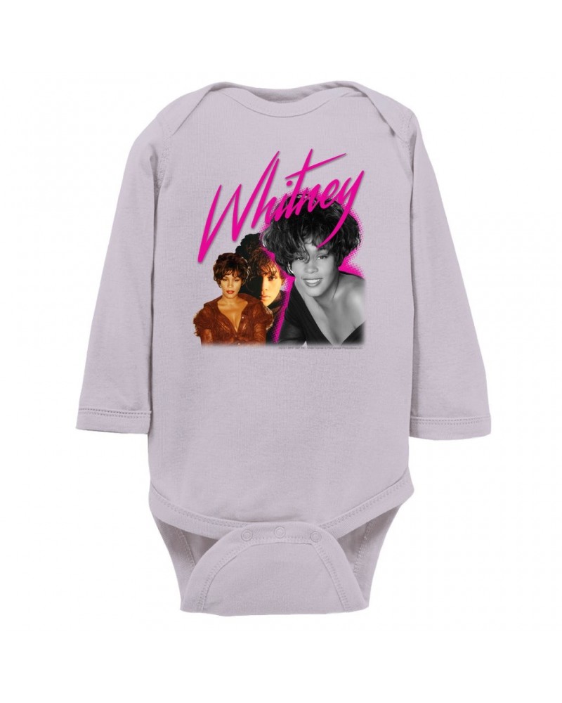 Whitney Houston Long Sleeve Bodysuit | Whitney Pink Pop Art Photo Collage Design Bodysuit $8.68 Shirts