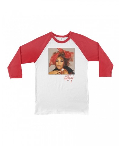 Whitney Houston 3/4 Sleeve Baseball Tee | Whitney Red Star Photo With Signature Distressed Shirt $11.95 Shirts