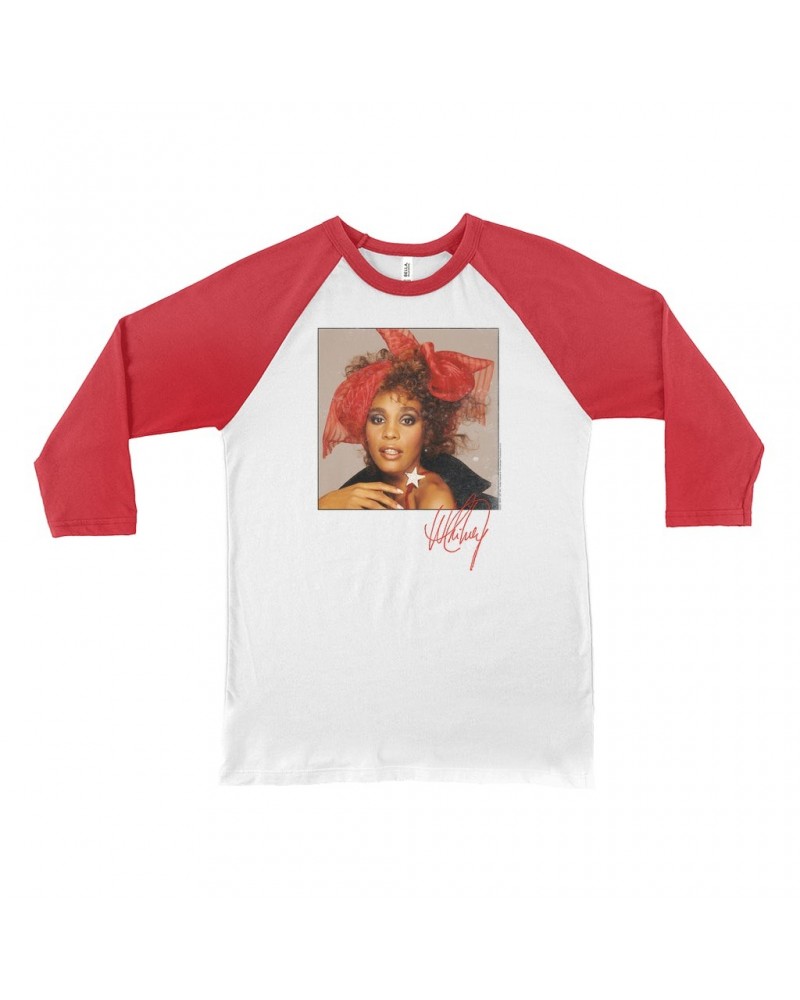 Whitney Houston 3/4 Sleeve Baseball Tee | Whitney Red Star Photo With Signature Distressed Shirt $11.95 Shirts