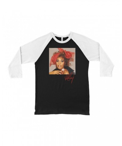 Whitney Houston 3/4 Sleeve Baseball Tee | Whitney Red Star Photo With Signature Distressed Shirt $11.95 Shirts