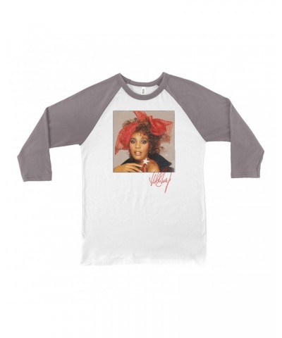 Whitney Houston 3/4 Sleeve Baseball Tee | Whitney Red Star Photo With Signature Distressed Shirt $11.95 Shirts