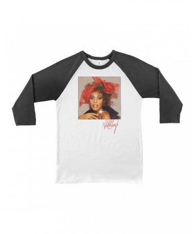 Whitney Houston 3/4 Sleeve Baseball Tee | Whitney Red Star Photo With Signature Distressed Shirt $11.95 Shirts