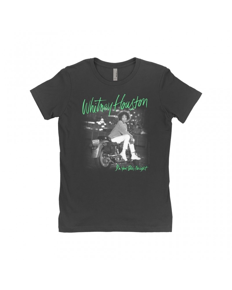 Whitney Houston Ladies' Boyfriend T-Shirt | I'm Your Baby Tonight Album Cover Green Design Shirt $7.19 Shirts